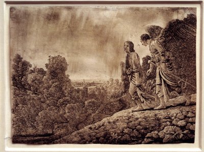 Tobías y el ángel. Agua fuerte sobre cobre por Hercules Seghers de Adam (after) Elsheimer