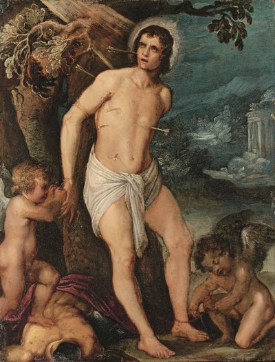 San Sebastián asistido por ángeles (óleo sobre cobre) de Adam (circle of) Elsheimer