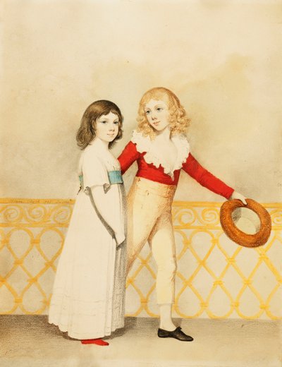 Retrato de William Bellingham Budworth y su hermana Emma Mary, pequeño cuerpo entero, en un balcón, 1795 de Adam Buck