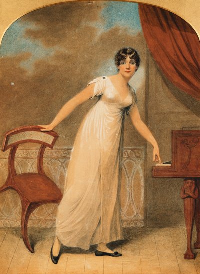 Retrato de una dama, de pie, con un vestido blanco junto a un piano, 1801 de Adam Buck