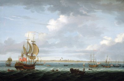 Navegación frente a la costa de Madrás (India), con una descripción del puerto y de la ciudad y la bandera británica ondeando sobre el Fuerte San Jorge, que evoca el aumento de las dificultades en la India para el Imperio Británico. de Adam Callander
