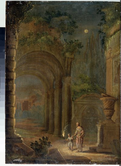 “Paisaje de ruinas a la luz de la luna” Pintura de Adam Elsheimer (1578-1610) Museo estatal al aire libre Palacio Gatchina, San Petersburgo, Rusia de Adam Elsheimer
