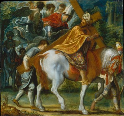 El retablo de Fráncfort de la Exaltación de la Vera Cruz: Heraclio a caballo con la Cruz (abajo a la derecha) de Adam Elsheimer