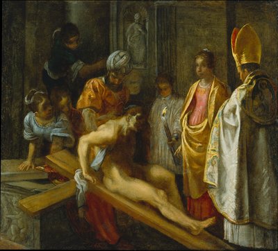 El retablo de Fráncfort de la Exaltación de la Vera Cruz: La prueba de la cruz (centro derecha) de Adam Elsheimer