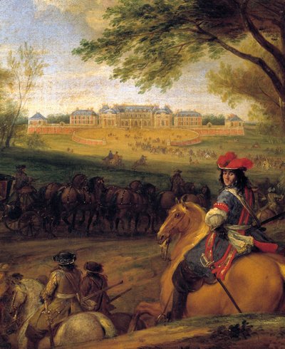 Llegada del Rey Luis XIV (1638-1715) precedido por los guardias en vista del antiguo castillo de Versalles en 1669 de Adam Frans van der Meulen