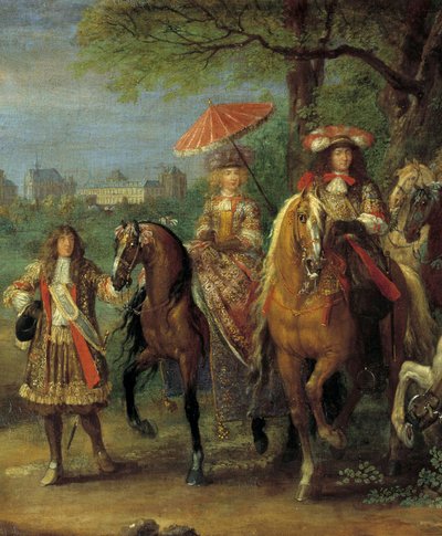 Rey Luis XIV (1638-1715) y la Reina María Teresa de Austria (1638-1683) caminando frente al castillo de Vincennes en 1669 (detalle) de Adam Frans van der Meulen