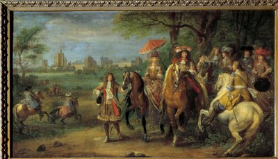 El rey Luis XIV (1638-1715) y la reina María Teresa de Austria (1638-1683) caminando frente al castillo de Vincennes en 1669 de Adam Frans van der Meulen