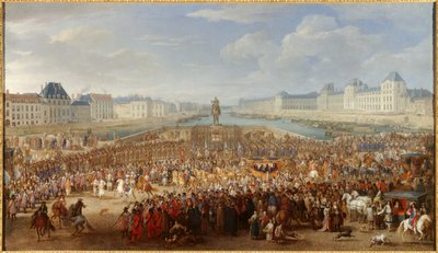 El rey Luis XIV (1638-1715) cruzando el Pont Neuf en su carruaje de Adam Frans van der Meulen