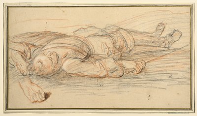 Estudio para un guerrero tendido en el campo de batalla y un estudio adicional de la mano izquierda. de Adam Frans van der Meulen