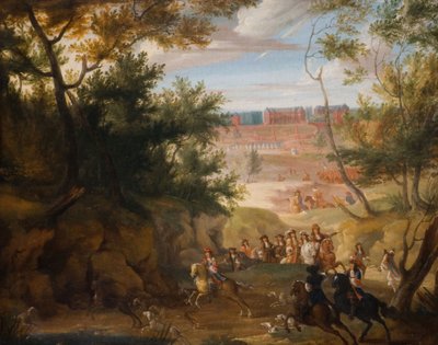 Vista de Versalles con Luis XIV y cazadores, 1700 de Adam Frans van der Meulen
