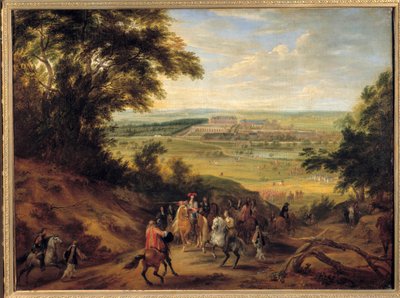 Vista del castillo de Versalles, tomada desde las alturas de Satory Luis XIV dando sus órdenes al oficial de las cacerías, en vista del castillo de Versalles, en las alturas de Satory de Adam Frans van der Meulen