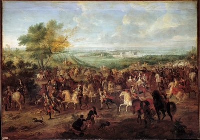 Paseo en carruaje del Rey Luis XIV, la Reina María Teresa de Austria, el Delfín Luis y la Delfina frente al castillo de Clagny en Versalles de Adam Frans van der Meulen