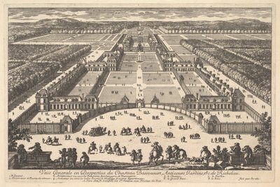 Vista general en perspectiva del Château Bassecourt, Anticours, Jardines, etc. de Richelieu de Adam Perelle