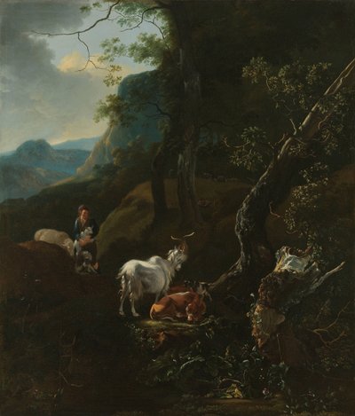 Una pastora con animales en un paisaje montañoso de Adam Pijnacker