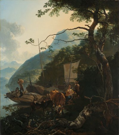 Barqueros amarrados en la orilla de un lago italiano
Barqueros amarrados en la orilla de un lago italiano; tal vez se trate de representar la huida a Egipto de Adam Pijnacker
