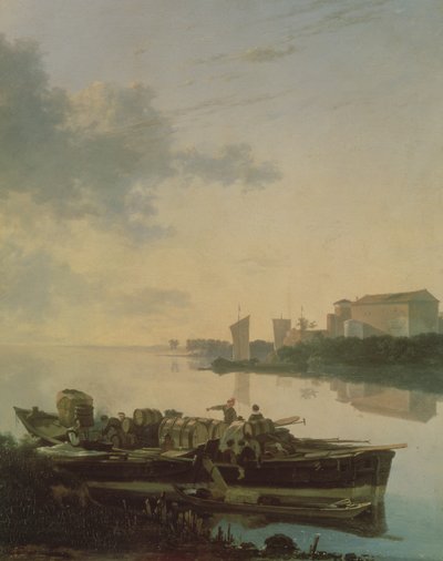 Una barcaza de madera en el río al atardecer de Adam Pynacker