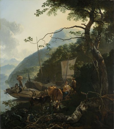 Barqueros amarrados en la orilla de un lago italiano, 1650-70 de Adam Pynacker