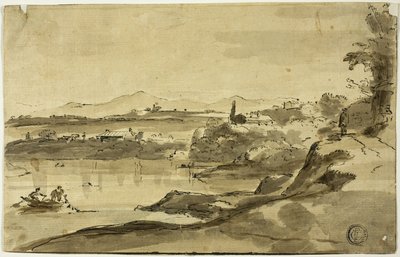 Paisaje con pescador en un lago de Adam Pynacker
