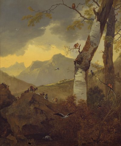 Paisaje montañoso con cabras y pájaros de Adam Pynacker