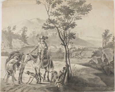 Jinetes y perros en un paisaje rocoso de Adam Pynacker