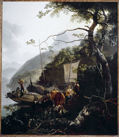 Velero atracado en la playa de un lago, c.1660 (óleo sobre lienzo) de Adam Pynacker