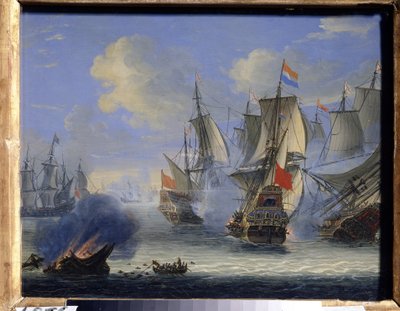 Batalla naval (Una batalla naval). Pintura de Adam Silo (1674-1757). Óleo sobre lienzo, 25 x 33,5 cm. Arte holandés, arte barroco. Museo Estatal de Arte, Tula (o Tolán). de Adam Silo