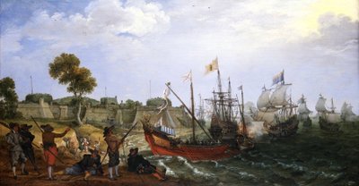 Una escuadra de guerra holandesa ataca una fortaleza colonial española, defendida por barcos de Adam Willaerts