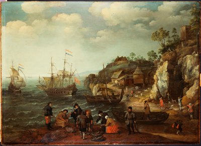 Escena costera con pescadores y cazadores en la orilla, 1626 de Adam Willaerts