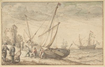 Pescadores arrastrando su barco a la orilla, n.d. de Adam Willaerts