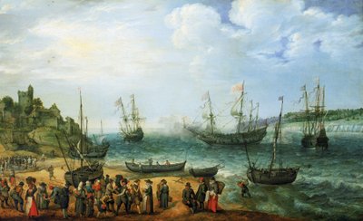 El buque "Prince Royal" y su escolta anclados en un estuario de Adam Willaerts