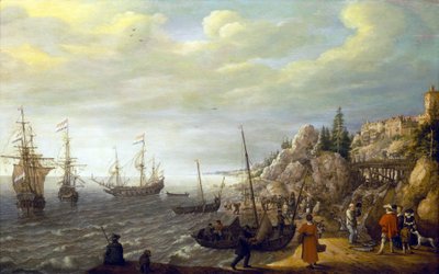 Tres barcos holandeses anclados en una bahía frente a una ciudad fortificada escandinava. Óleo sobre madera de Adam Willaerts