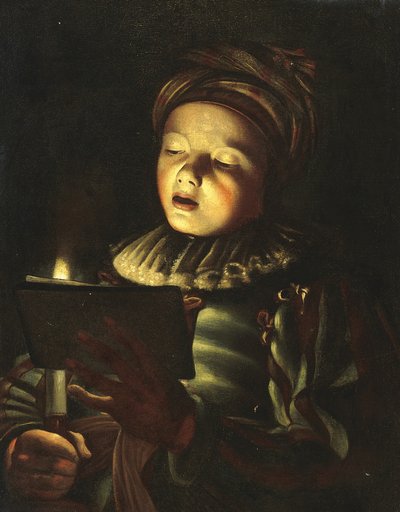 Un niño cantando a la luz de las velas (óleo sobre lienzo) de Adam de (circle of) Coster