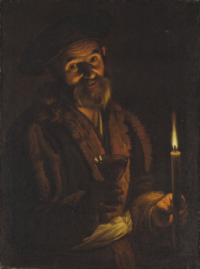 Viejo sosteniendo una vela y un vaso de Adam de Coster