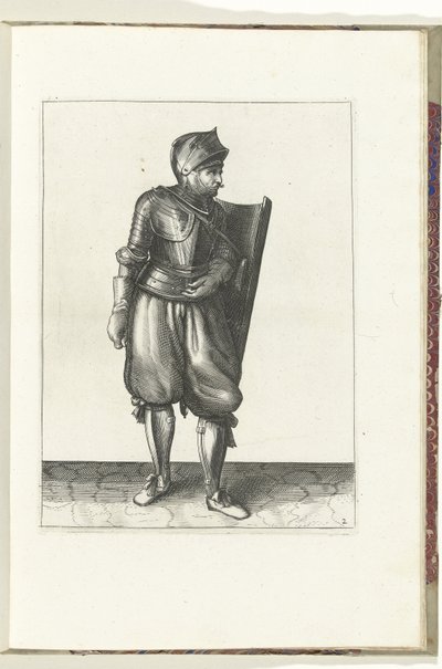 El ejercicio con la diana y el estoque: el soldado lleva la diana por detrás sobre el hombro izquierdo (núm. 2), 1618 El Nassausche Wapen-Handelinge, van Schilt, Spies, Rappier and the Targe: más allá de figuerlick representado, y enmarcado según el nuevo  de Adam van Breen