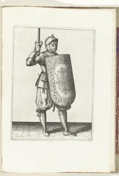 El ejercicio del estoque y el estoque: el soldado sostiene el estoque desenvainado no más alto que su rostro (n. ° 5), 1618 El Nassausche Wapen-Handelinge, van Schilt, Spies, Rappier and the Targe: más allá de figuerlick representado, y enmarcado según el  de Adam van Breen