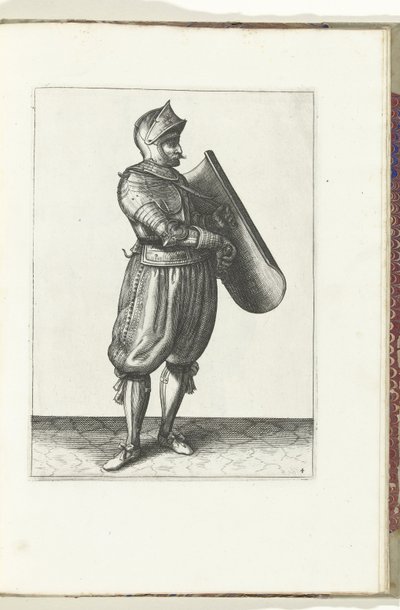 El ejercicio con la diana y el estoque: el soldado sostiene la diana ligeramente hacia adelante para sacar la estoque (núm. 4), 1618 El Nassausche Wapen-Handelinge, van Schilt, Spies, Rappier and the Targe: más allá de figuerlick representado, y enmarcado  de Adam van Breen