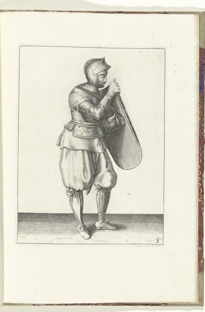 El ejercicio con la diana y el estoque: el soldado sujeta la diana con la mano derecha y agarra el cinturón con la izquierda (n.º 3), 1618 El Nassausche Wapen-Handelinge, van Schilt, Spies, Rappier and the Targe : beyde figuerlick representado, y enmarcado de Adam van Breen