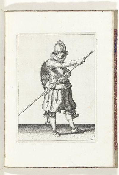 El ejercicio del escudo y la pica: el soldado vuelve a poner la pica en su posición con dos manos (n.º 29), 1618 El Nassausche Wapen-Handelinge, van Schilt, Spies, Rappier and the Targe : beyde figuerlick representado, y enmarcado según el nuevo orden [de] de Adam van Breen