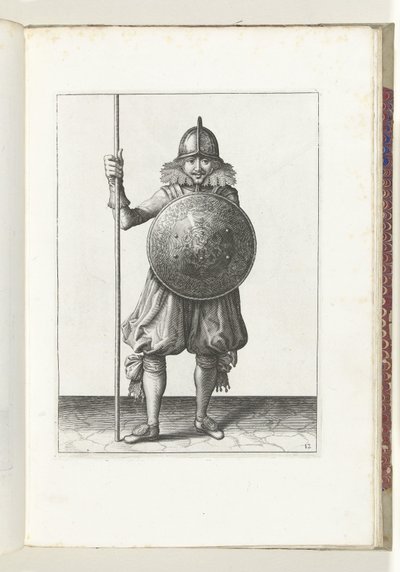 El ejercicio con escudo y lanza: el soldado devuelve la lanza a la posición de reposo en tres tiempos, tercer movimiento (núm. 12), 1618 El Nassausche Wapen-Handelinge, van Schilt, Spies, Rappier and the Targe : beyde figuerlick representado, y enmarcado d de Adam van Breen