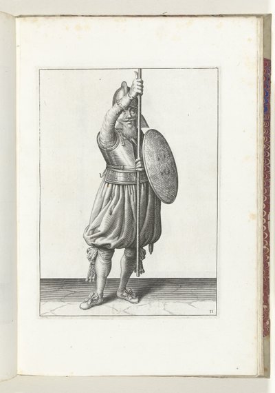 El ejercicio con escudo y lanza: el soldado devuelve la lanza a la posición de reposo en tres tiempos, segundo movimiento (núm. 11), 1618 El Nassausche Wapen-Handelinge, van Schilt, Spies, Rappier and the Targe : beyde figuerlick representado, y enmarcado  de Adam van Breen
