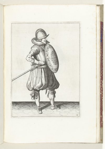El ejercicio del escudo y la punta: el soldado mueve la punta a la posición de arrastre en dos tiempos, segundo movimiento (n. ° 14), 1618 The Nassausche Wapen-Handelinge, van Schilt, Spies, Rappier and the Targe : beyde figuerlick representado, ende enmar de Adam van Breen