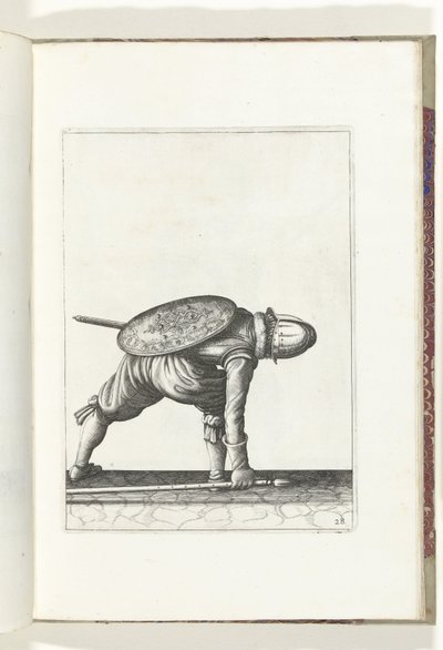 El ejercicio del escudo y la pica: el soldado se inclina para recoger la pica (n.º 28), 1618 The Nassausche Wapen-Handelinge, van Schilt, Spies, Rappier and the Targe : beyde figuerlick representado, y enmarcado según el nuevo orden [de] (...) Maurits van  de Adam van Breen