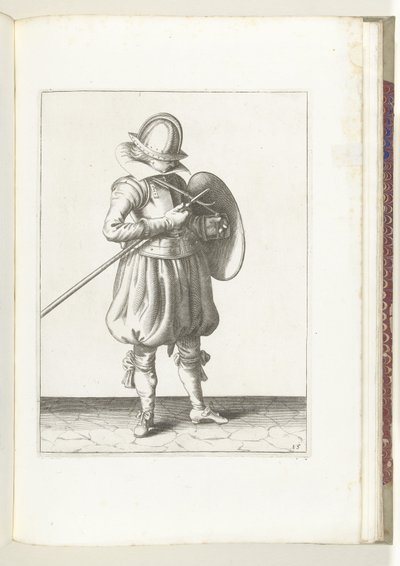 El ejercicio del escudo y la espiga: el soldado sostiene la espiga y el escudo cerca del cuerpo (n.º 15), 1618 El Nassausche Wapen-Handelinge, van Schilt, Spies, Rappier and the Targe: más allá de figuerlick representados, y enmarcados según el nuevo orden de Adam van Breen