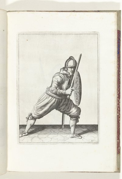 El ejercicio de escudo y pincho: el soldado en posición defensiva con un pie delante y su estoque y escudo en la rodilla delante del cuerpo (n.º 21), 1618 The Nassausche Wapen-Handinge, van Schilt, Spies, Rappier andde Targe: beyde figuerli de Adam van Breen