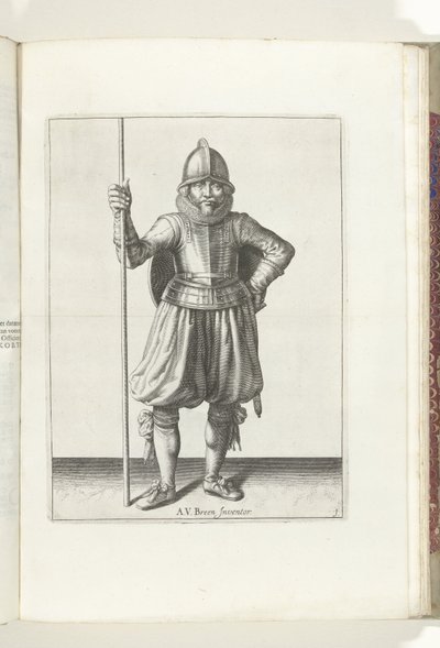 El ejercicio del escudo y la espiga: el soldado en reposo, espiga en la mano y escudo en la espalda (n.º 1), 1618 The Nassausche Wapen-Handelinge, van Schilt, Spies, Rappier and the Targe : beyde figuerlick representado, ende enmarcado según el nuevo orden de Adam van Breen