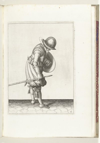 El ejercicio del escudo y la espiga: el soldado pone la espiga en el suelo junto a su pie derecho (n.º 16), 1618 El Nassausche Wapen-Handelinge, van Schilt, Spies, Rappier and the Targe: más allá de figuerlick representado, y enmarcado según el nuevo orden de Adam van Breen