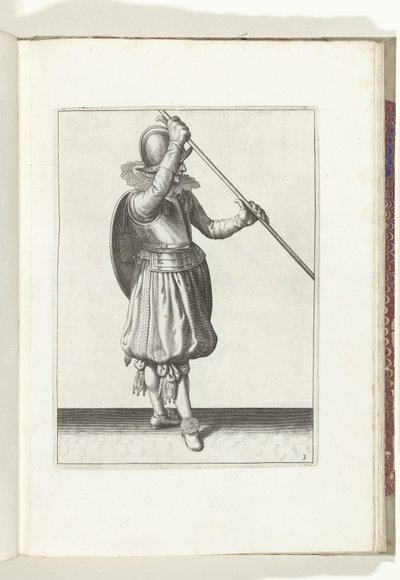 El ejercicio del escudo y la espiga: el soldado con la espiga en ángulo en ambas manos con la mano derecha en la cabeza y el escudo en la espalda (n. ° 3), 1618 The Nassausche Wapen-Handelinge, van Schilt, Spies, Rappier and the Targe: beyde figuerlick rep de Adam van Breen