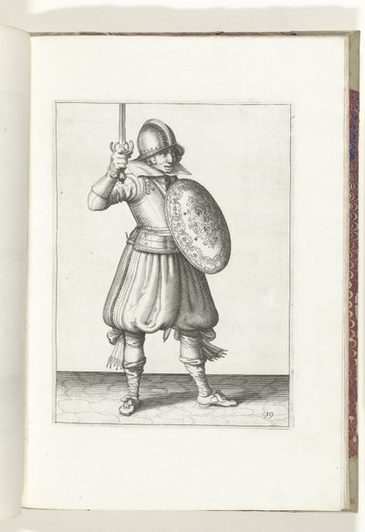 El ejercicio del escudo y la pica: el soldado presenta su estoque a mano no más alto que su rostro (n. ° 19), 1618 El Nassausche Wapen-Handelinge, van Schilt, Spies, Rappier and the Targe: más allá de figuerlick representado, y enmarcado según el nuevo ord de Adam van Breen