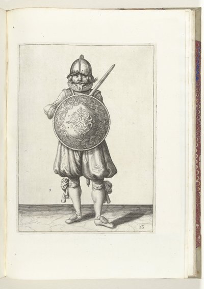 El ejercicio del escudo y la punta: el soldado de pie en reposo, su estoque descansando sobre el hombro izquierdo detrás del escudo (n. ° 23), 1618 The Nassausche Wapen-Handelinge, van Schilt, Spies, Rappier and the Targe : beyde figuerlick representado, e de Adam van Breen