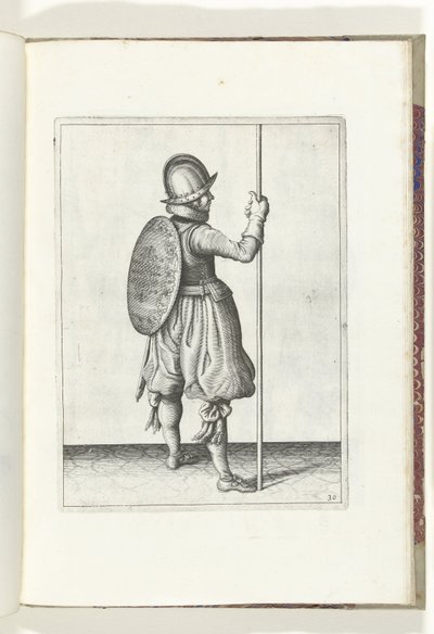 El ejercicio del escudo y la espiga: el soldado de pie con la espiga apoyada en el suelo junto al pie derecho (n.º 30), 1618 El Nassausche Wapen-Handelinge, van Schilt, Spies, Rappier and the Targe: más allá de figuerlick representado, y enmarcado según el de Adam van Breen